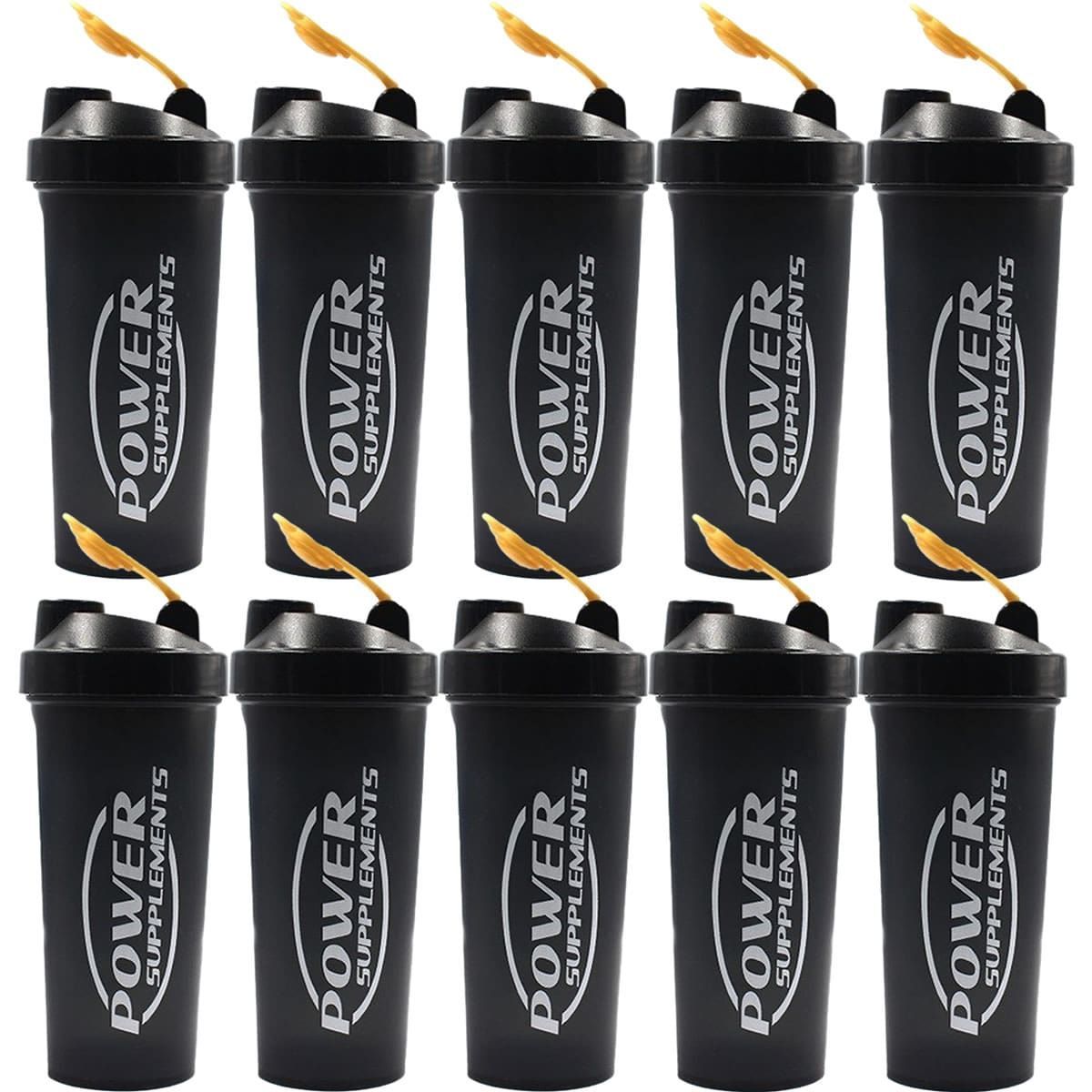 Kit 10X Coqueteleira - 600ml Preta Tampa Dourada - Power Supplements