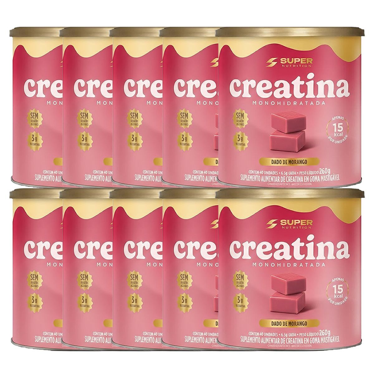 Kit 10X Creatina Monohidratada - 40 Dados 6,5g Caramelo de Morango - Desinch�