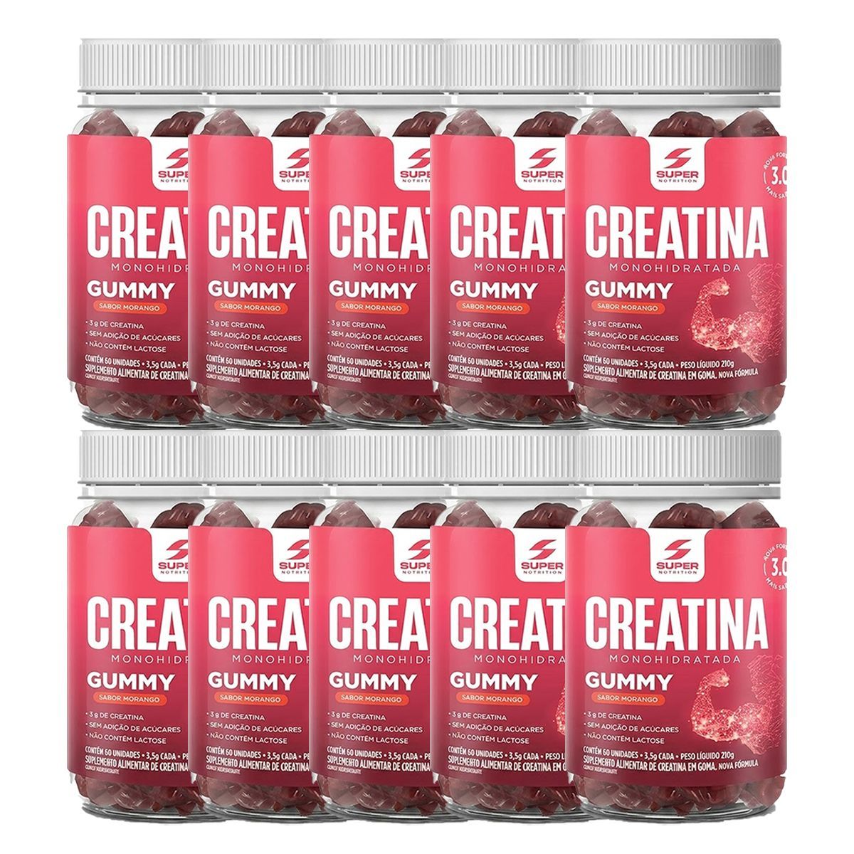 Kit 10X Creatina Monohidratada Gummy - 60 Gomas 3,5g Morango - Desinch�