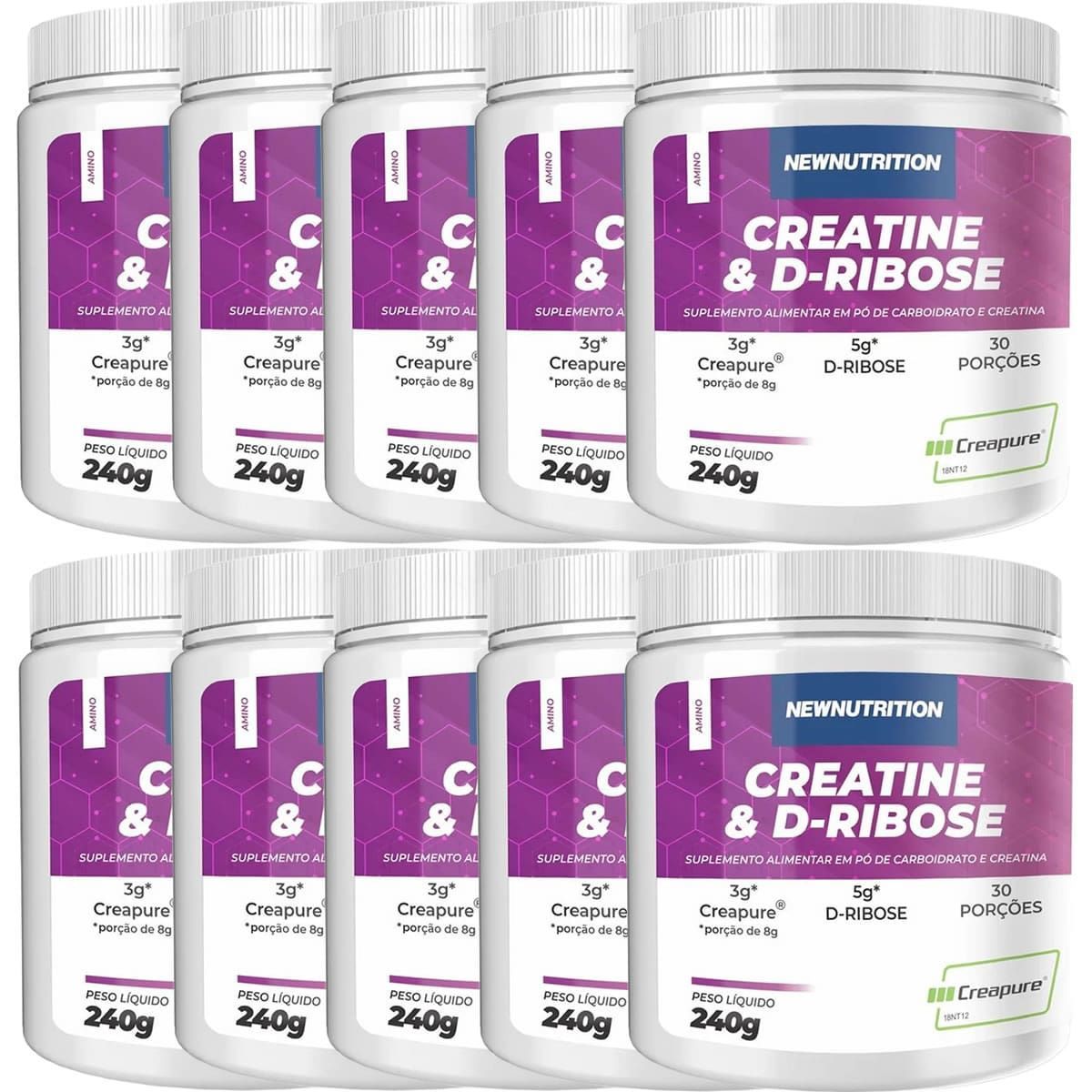 Kit 10X Creatine com D-ribose - 240g Natural - NewNutrition