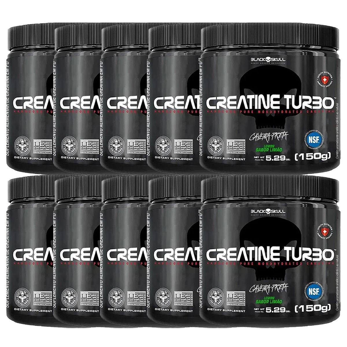 Kit 10X Creatine Turbo Monohidratada - 150g Lim�o - Black Skull