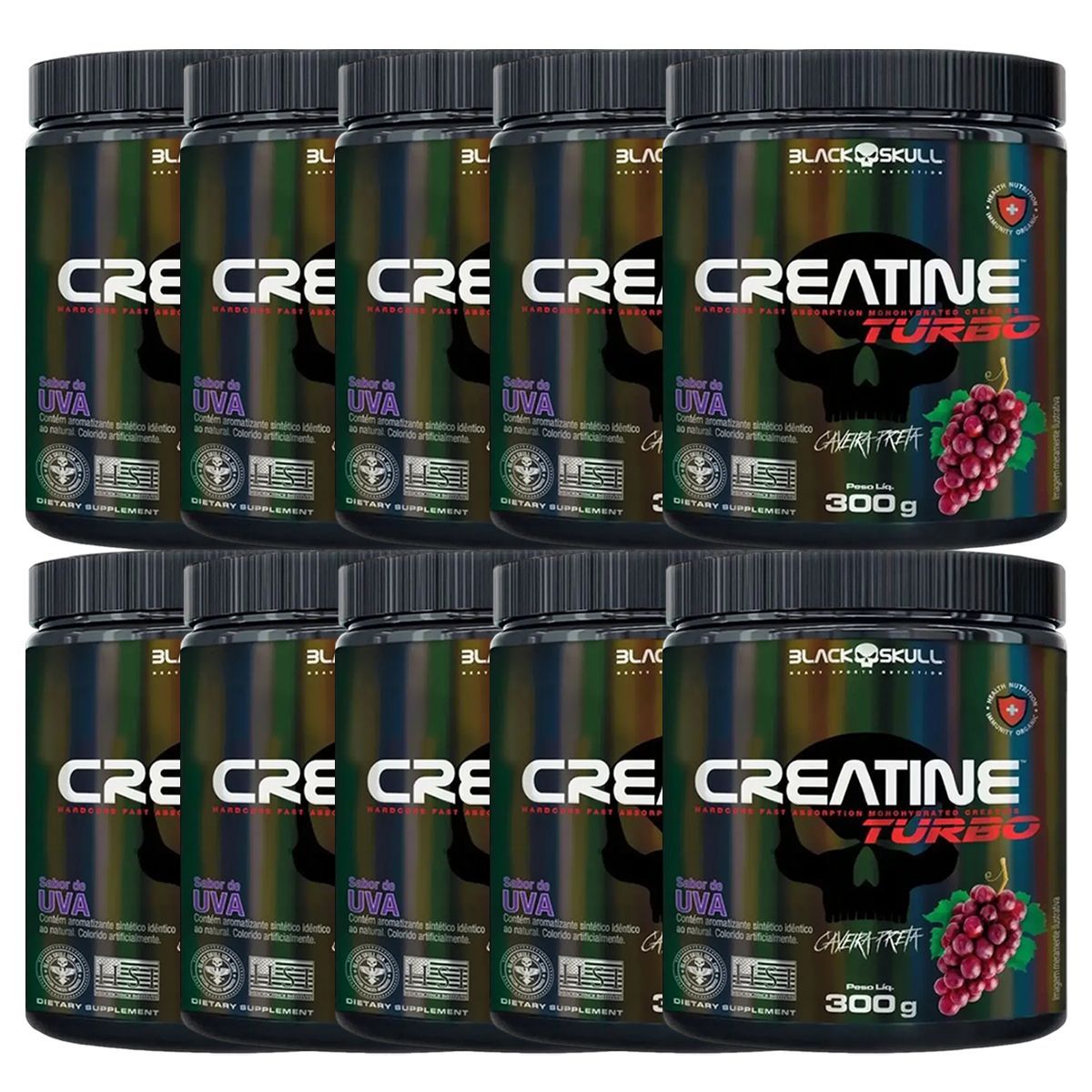 Kit 10X Creatine Turbo Monohidratada - 300g Uva - Black Skull