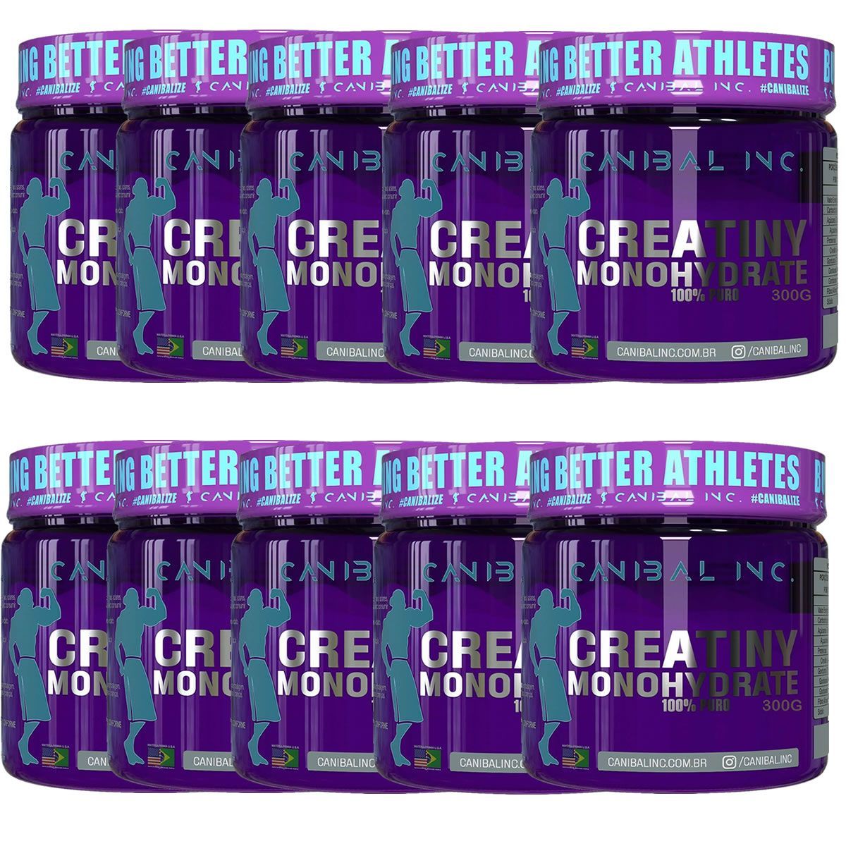 Kit 10X Creatiny Monohydrate - 300g Sem Sabor - Canibal