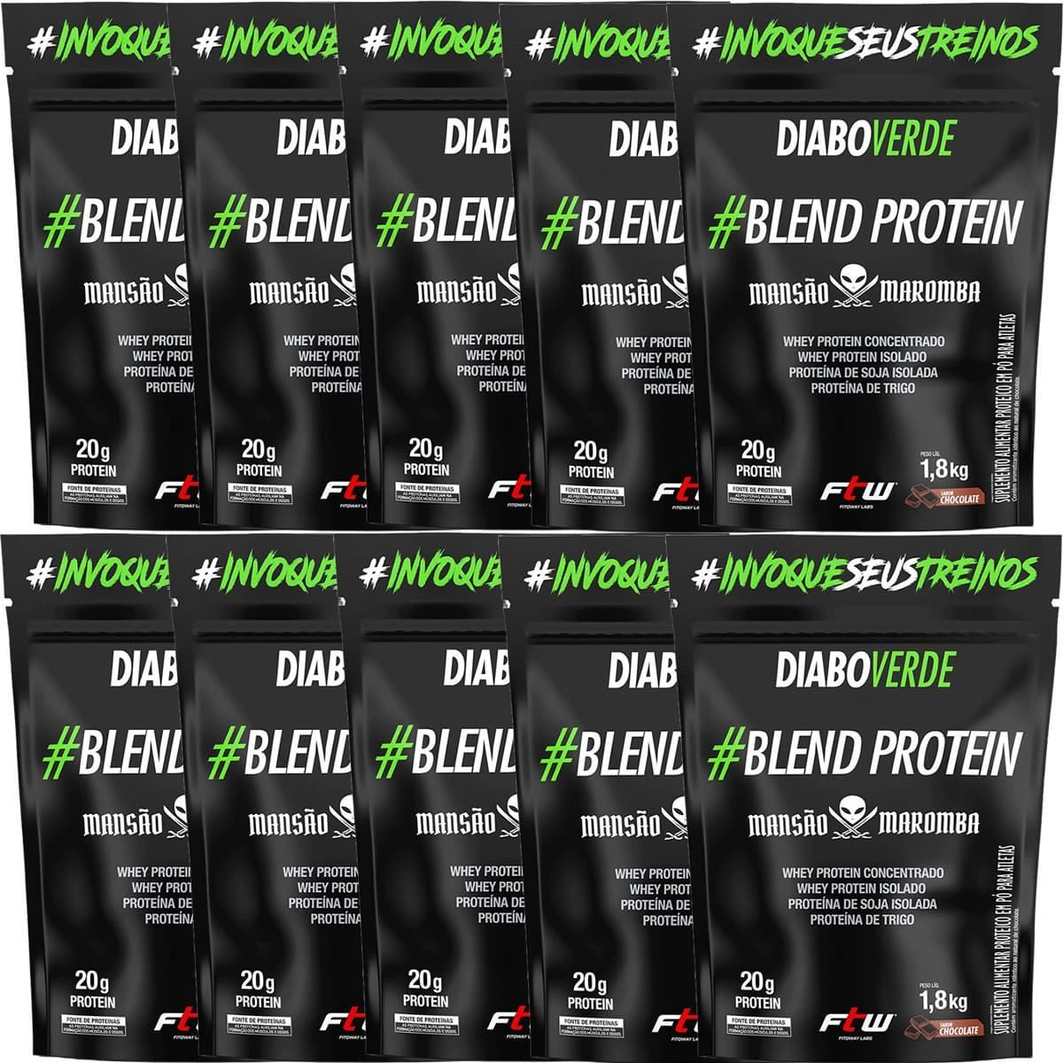 Kit 10X Diabo Verde Blend Protein Mans�o Maromba - 1800g Refil Chocolate - FTW