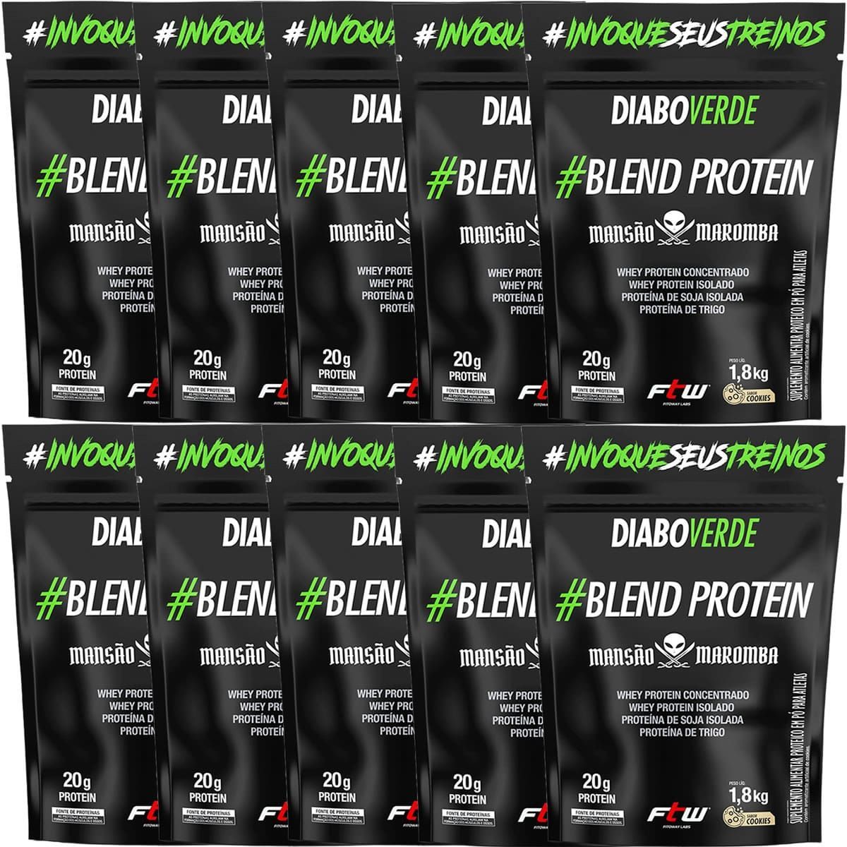Kit 10X Diabo Verde Blend Protein Mans�o Maromba - 1800g Refil Cookies - FTW