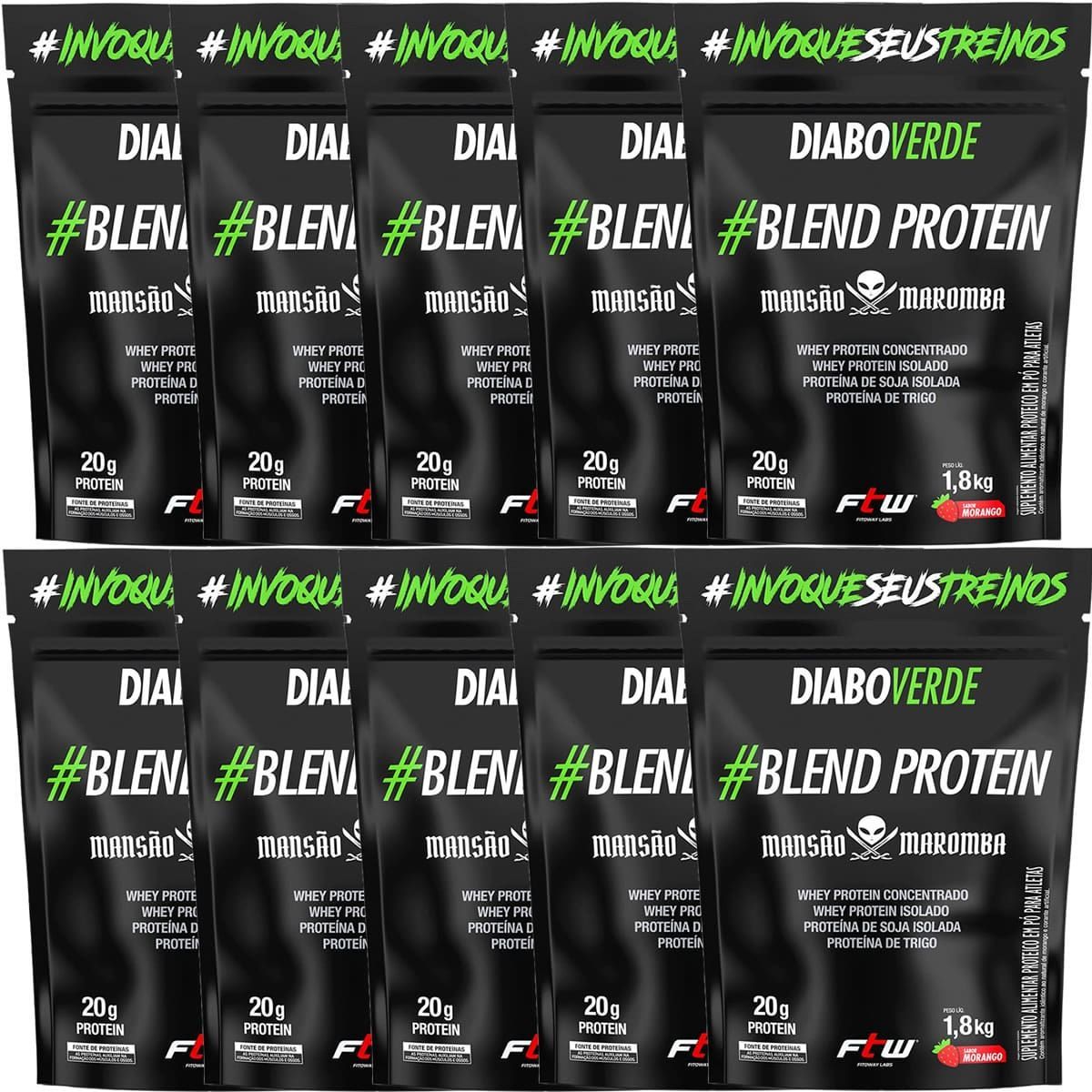 Kit 10X Diabo Verde Blend Protein Mans�o Maromba - 1800g Refil Morango - FTW