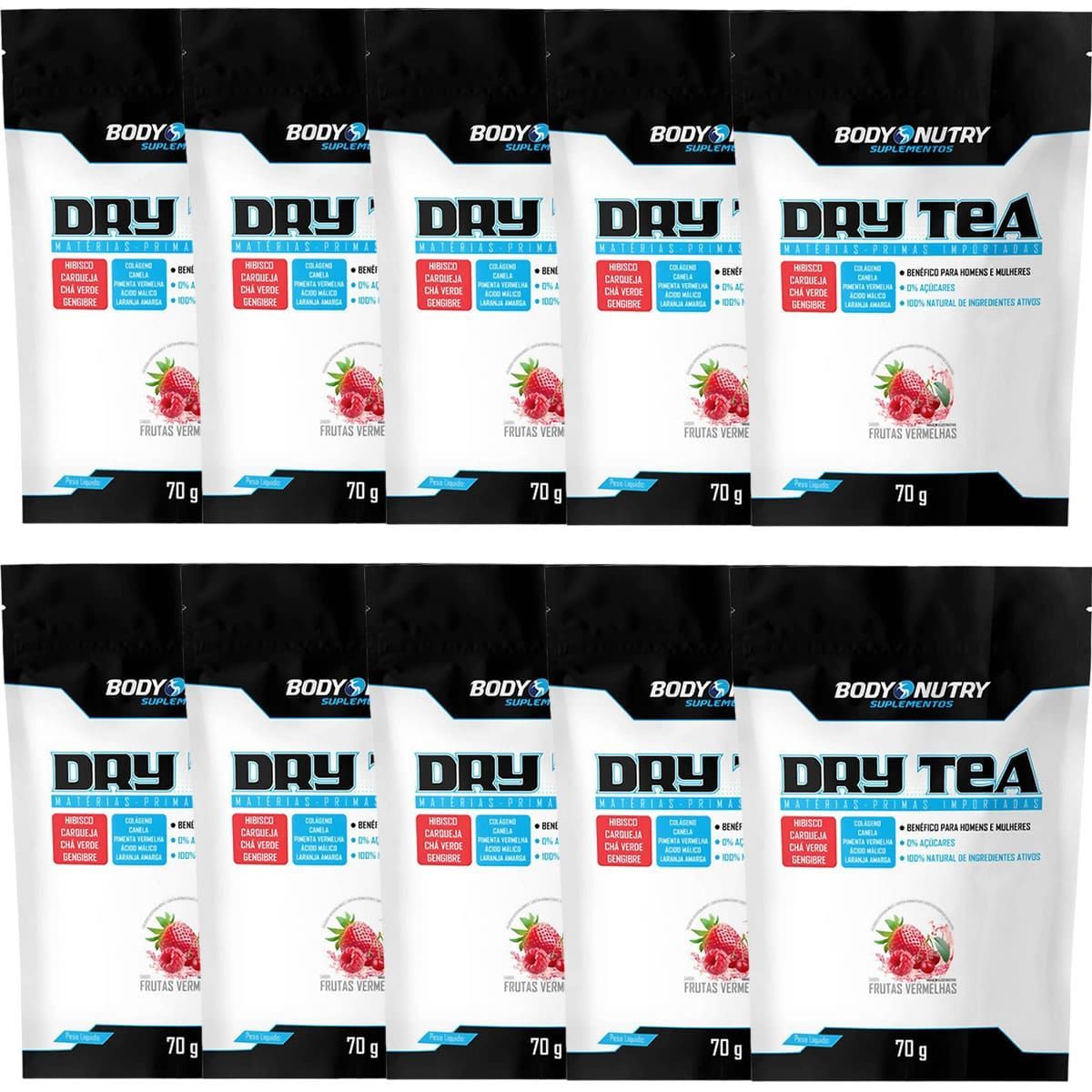 Kit 10X Dry Tea Refil - 70g Frutas Vermelhas - Body Nutry