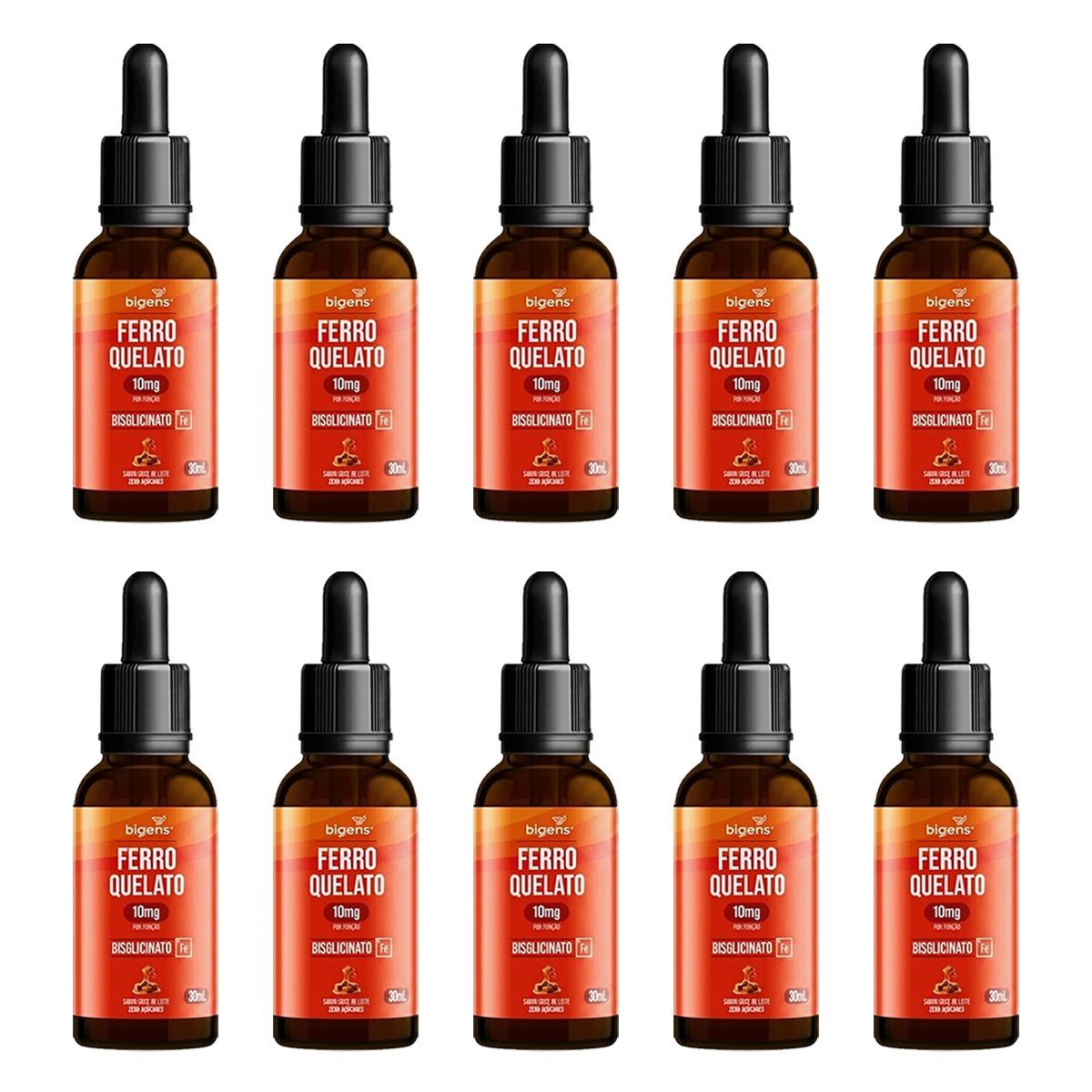 Kit 10X Ferro Quelato 10mg Gotas - 30ml Doce de Leite - Bigens