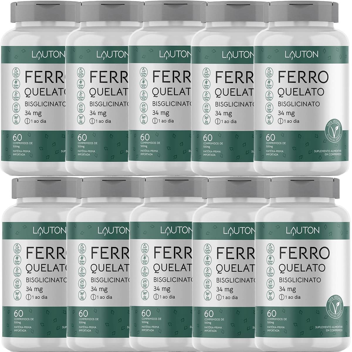 Kit 10X Ferro Quelato Bisglicinato - 60 Comprimidos - Lauton Nutrition