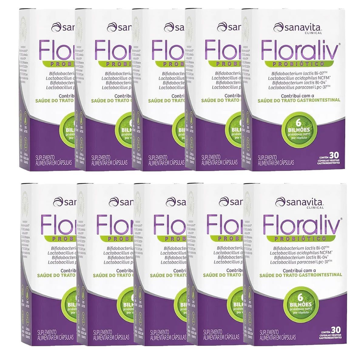 Kit 10X Floraliv Probiotico - 30 C�psulas Vegetais - Sanavita