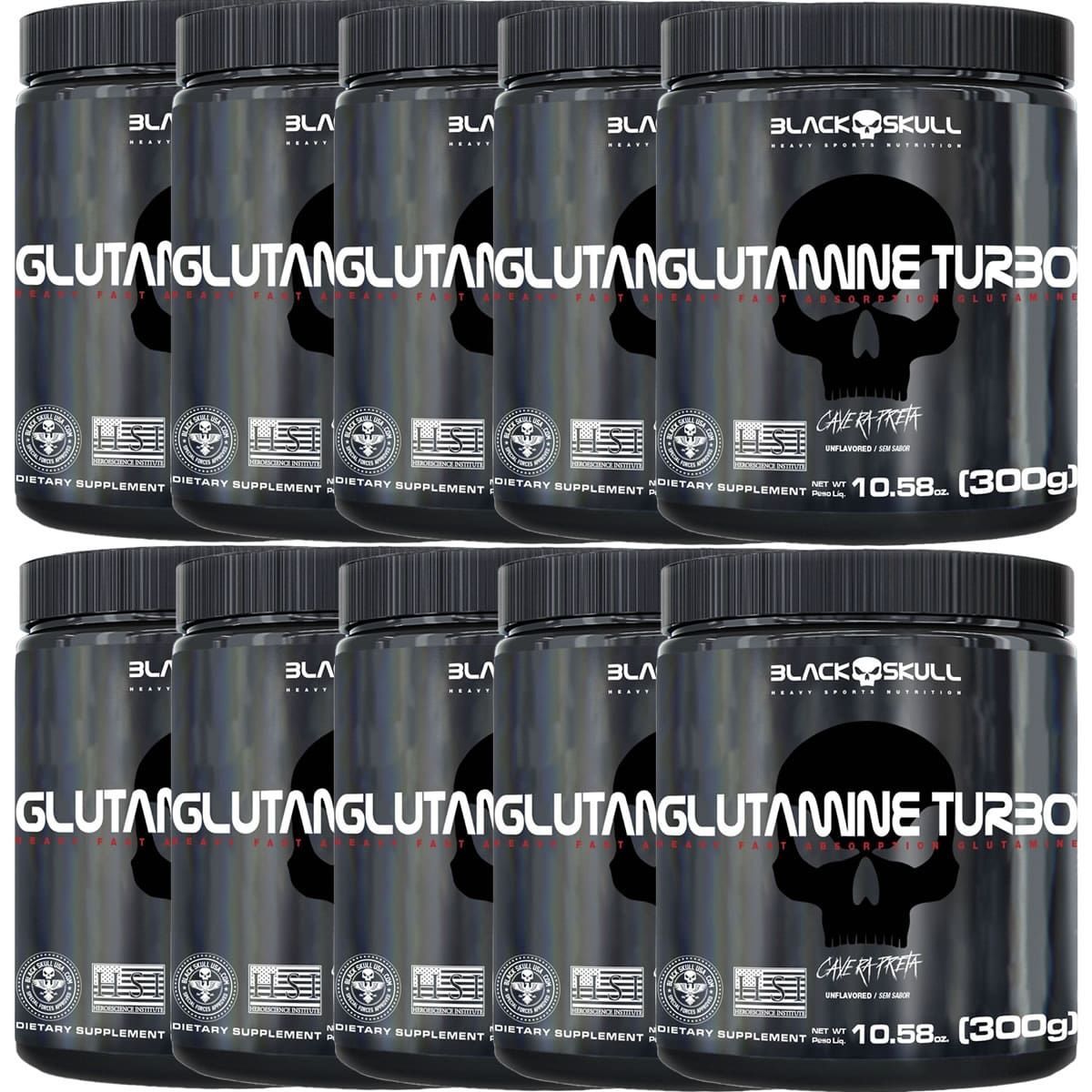 Kit 10X Glutamine Turbo - 300g Sem Sabor - Black Skull