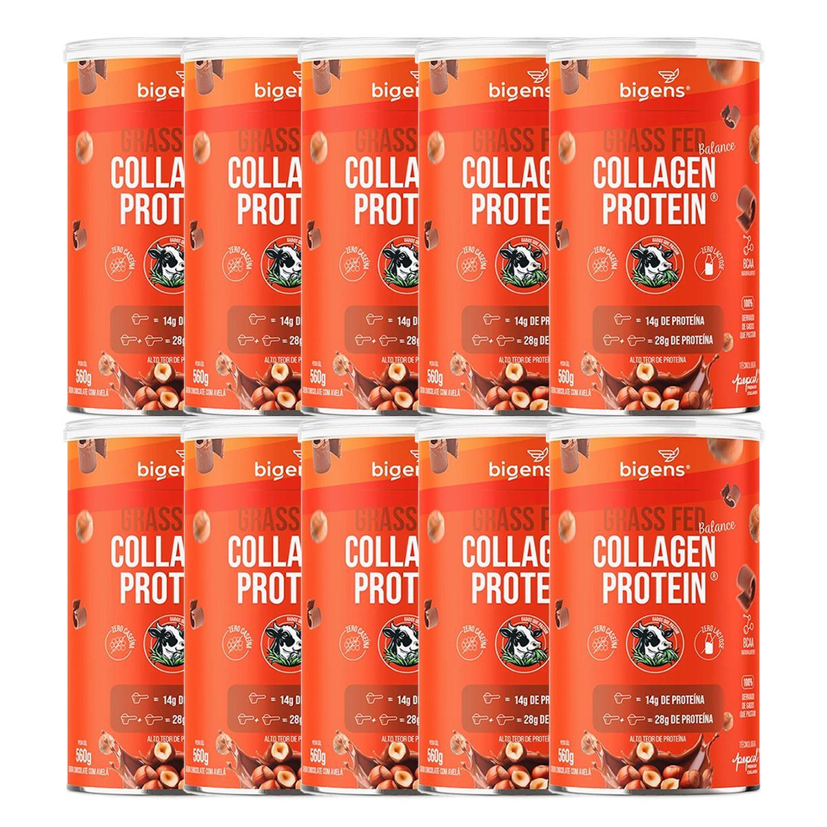Kit 10X Grass Fed Balance Collagen Protein - 560g Chocolate com Avel� - Bigens