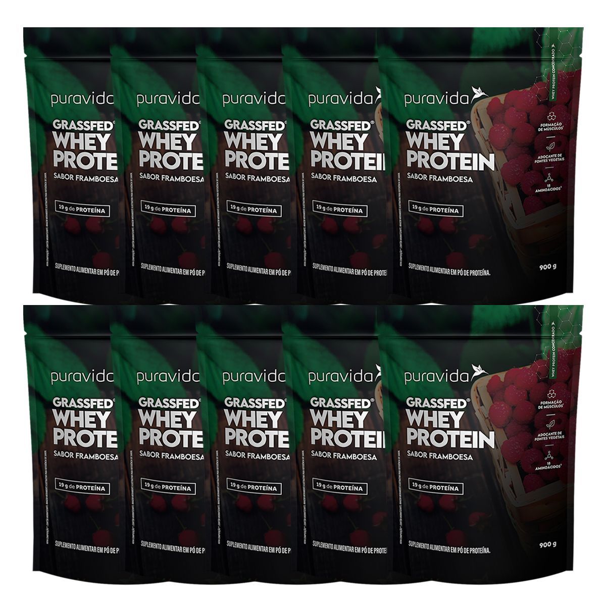 Kit 10X Grassfed Whey Protein - Refil 900g Framboesa - Pura Vida
