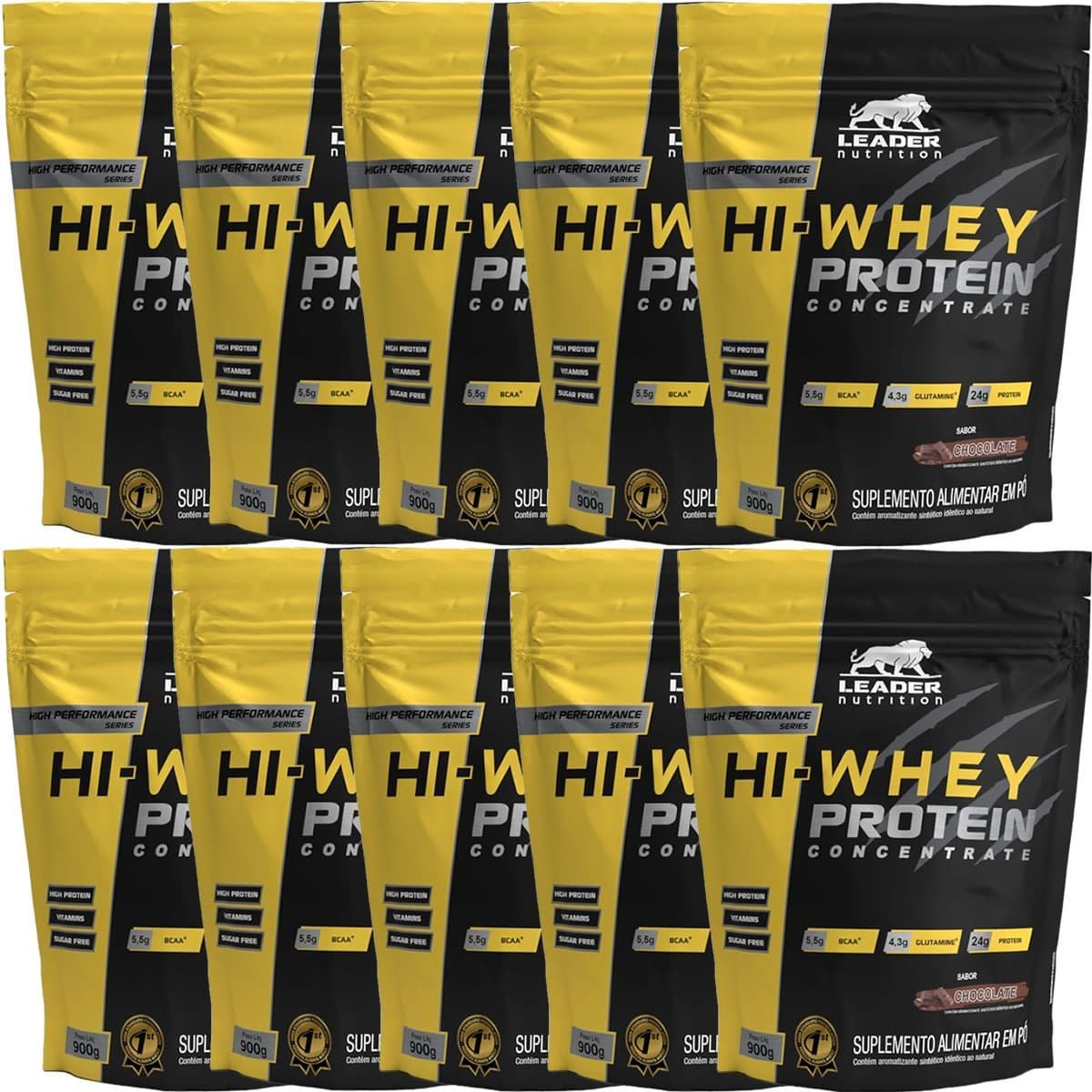 Kit 10X Hi-Whey Protein Concentrate 100% - 900g Refil Chocolate - Leader Nutrition