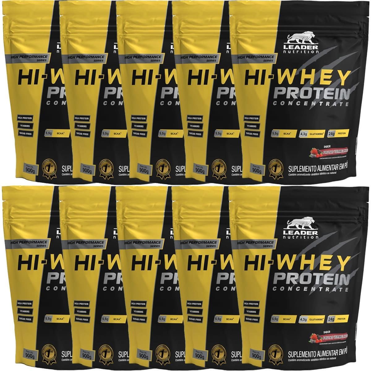 Kit 10X Hi-Whey Protein Concentrate 100% - 900g Refil Frutas Vermelhas - Leader Nutrition
