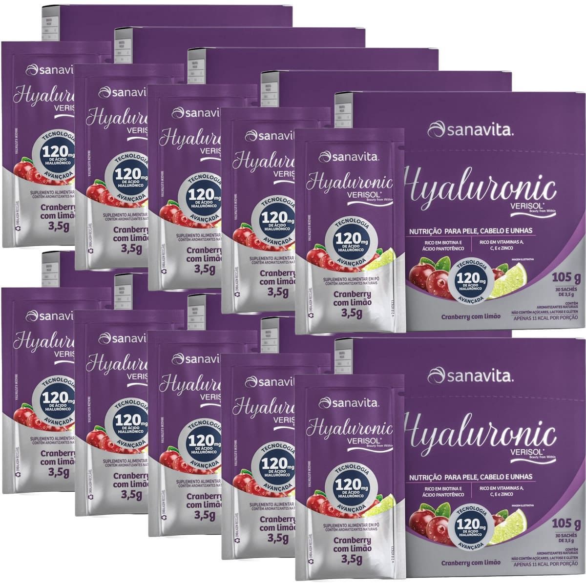 Kit 10X Hyaluronic Verisol 120mg - 30 Sticks de 3,5g Cranberry com Lim�o - Sanavita