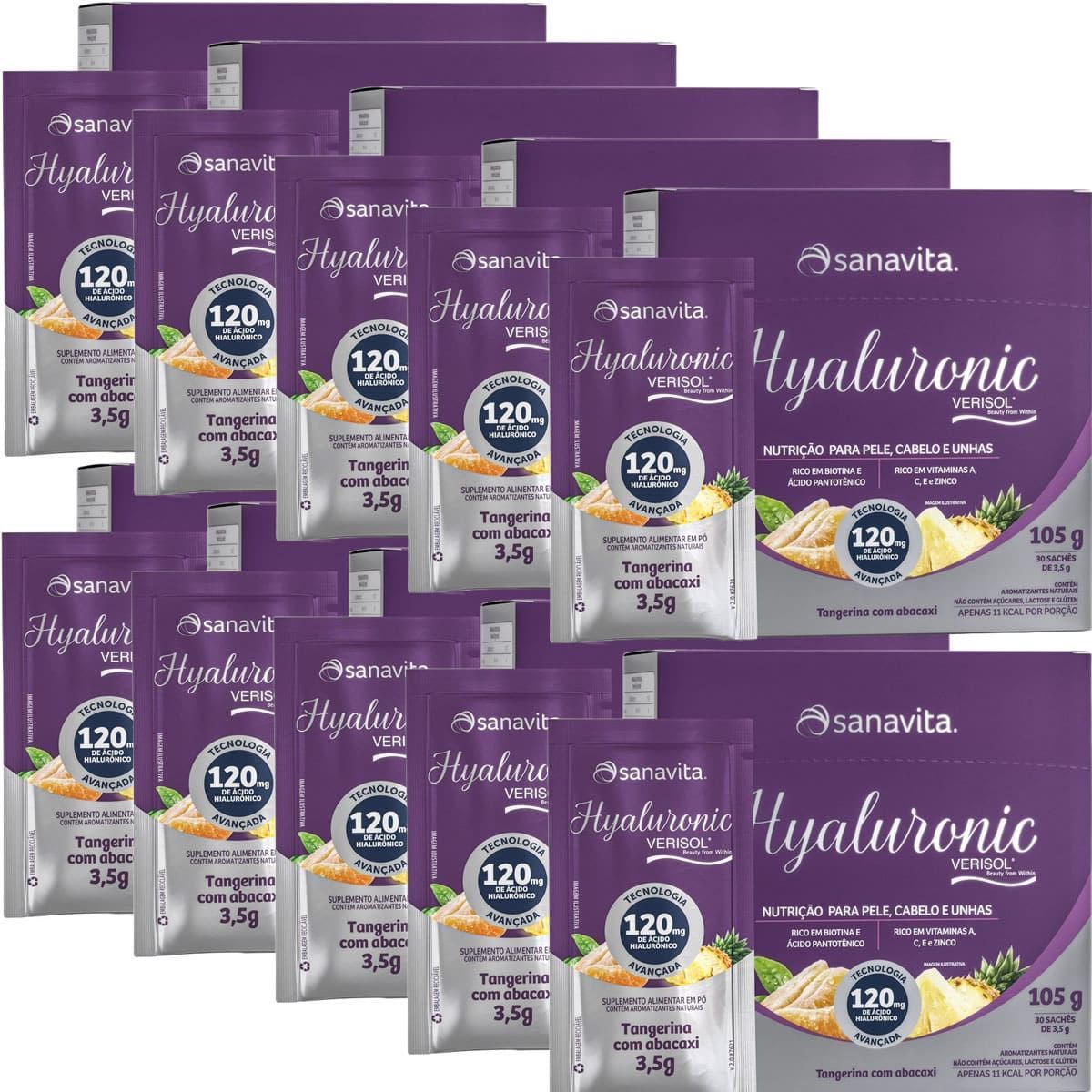 Kit 10X Hyaluronic Verisol 120mg - 30 Sticks de 3,5g Tangerina com Abacaxi - Sanavita