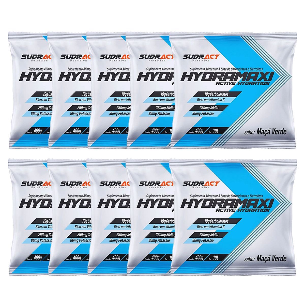 Kit 10X Hydramaxi Isot�nico em P� - 400g Refil Ma�� Verde - Sudract Nutrition