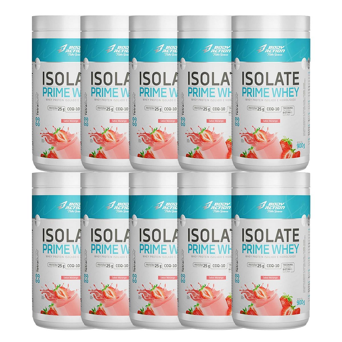 Kit 10X Isolate Prime Whey  - 900g Morango Natural - BodyAction