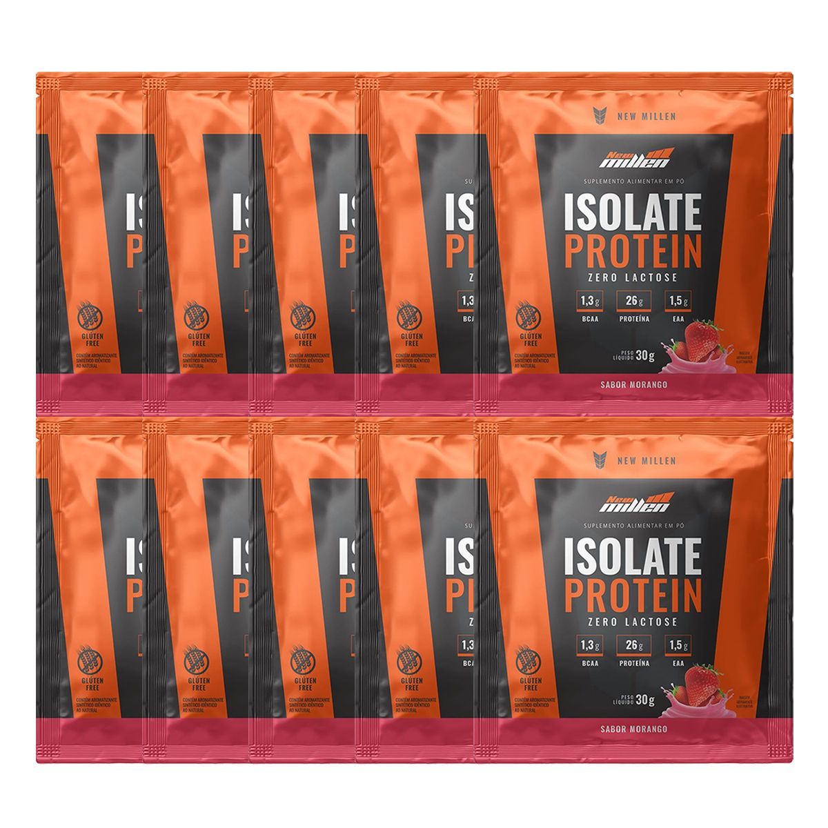 Kit 10X Isolate Protein Zero Lactose - 1 Sach� de 30g Morango - New Millen
