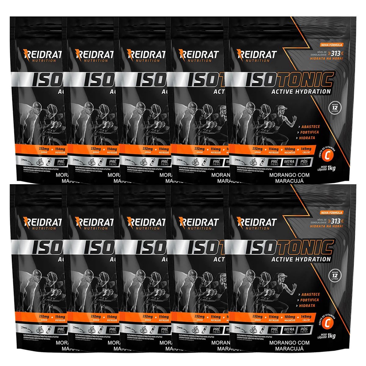 Kit 10X Isotonic Active Hydration - 1000g Refil Morango com Maracuj� - Reidrat