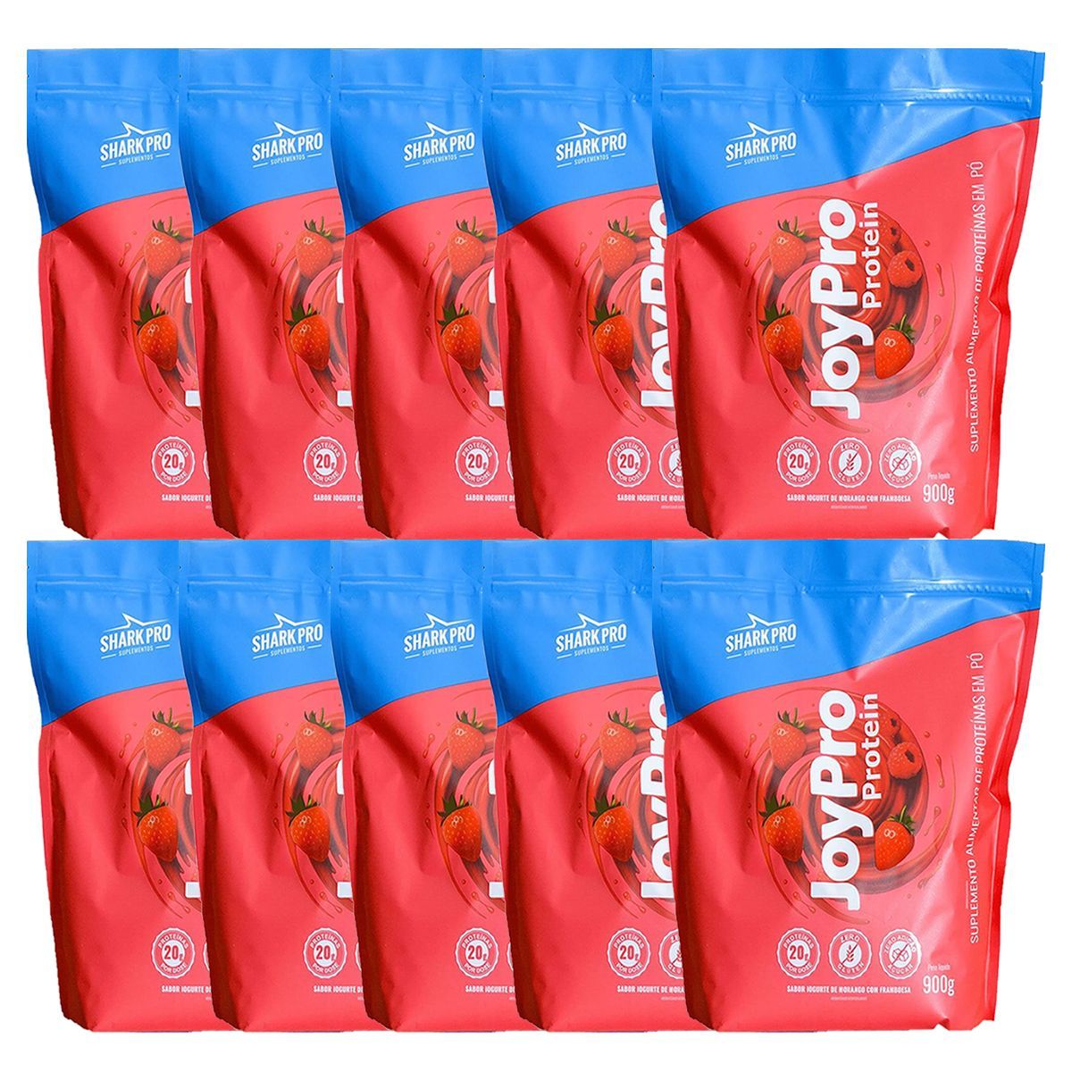 Kit 10X JoyPro Protein - Refil 900g Iogurte de Morango com Framboesa - Shark Pro