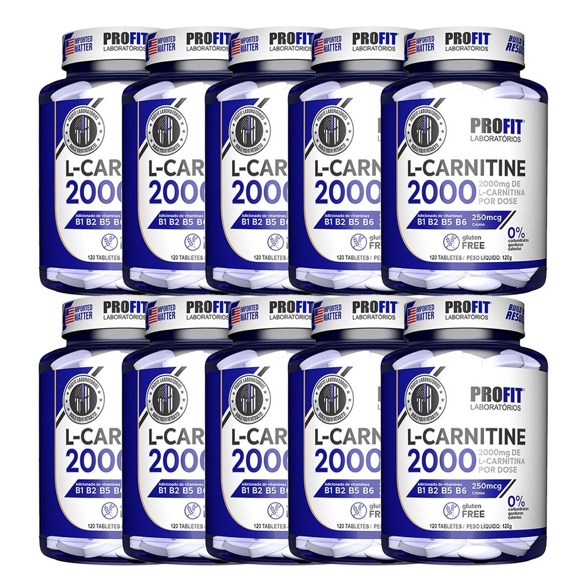 Kit 10X L-Carnitina 2000 + 250mcg Cromo - 120 Tabletes - ProFit