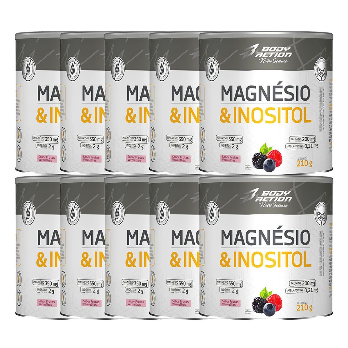Kit 10X Magnesio & Inositol - 210g Frutas Vermelhas - Body Action