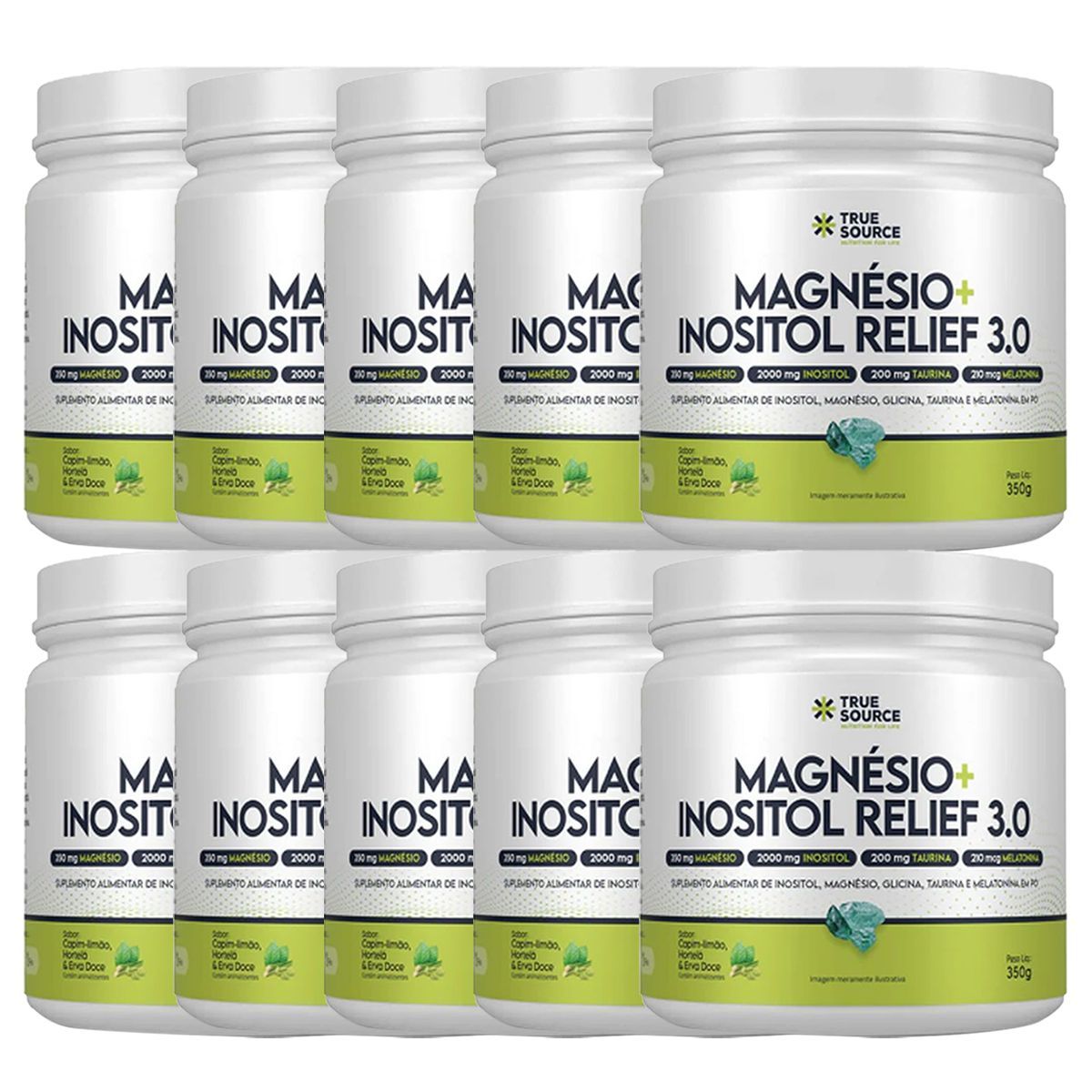 Kit 10X Magnesio + Inositol Relief 3.0 - 350g Capim Lim�o, Hortela e Erva Doce - True Source