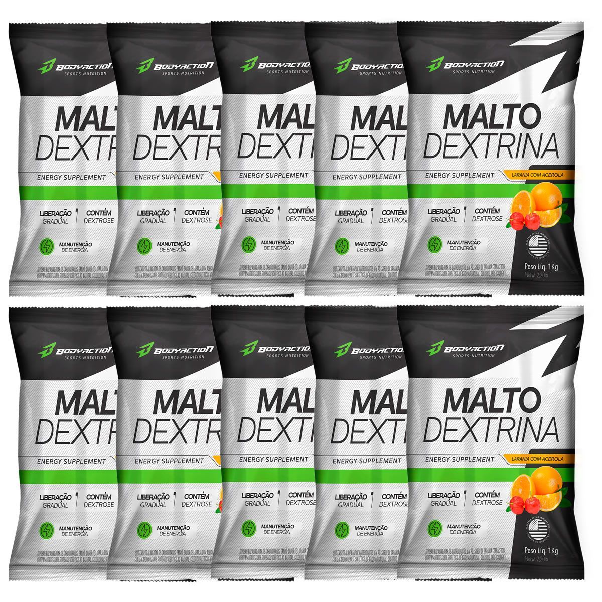 Kit 10X Malto Dextrin - 1000g Refil Laranja com Acerola - BodyAction