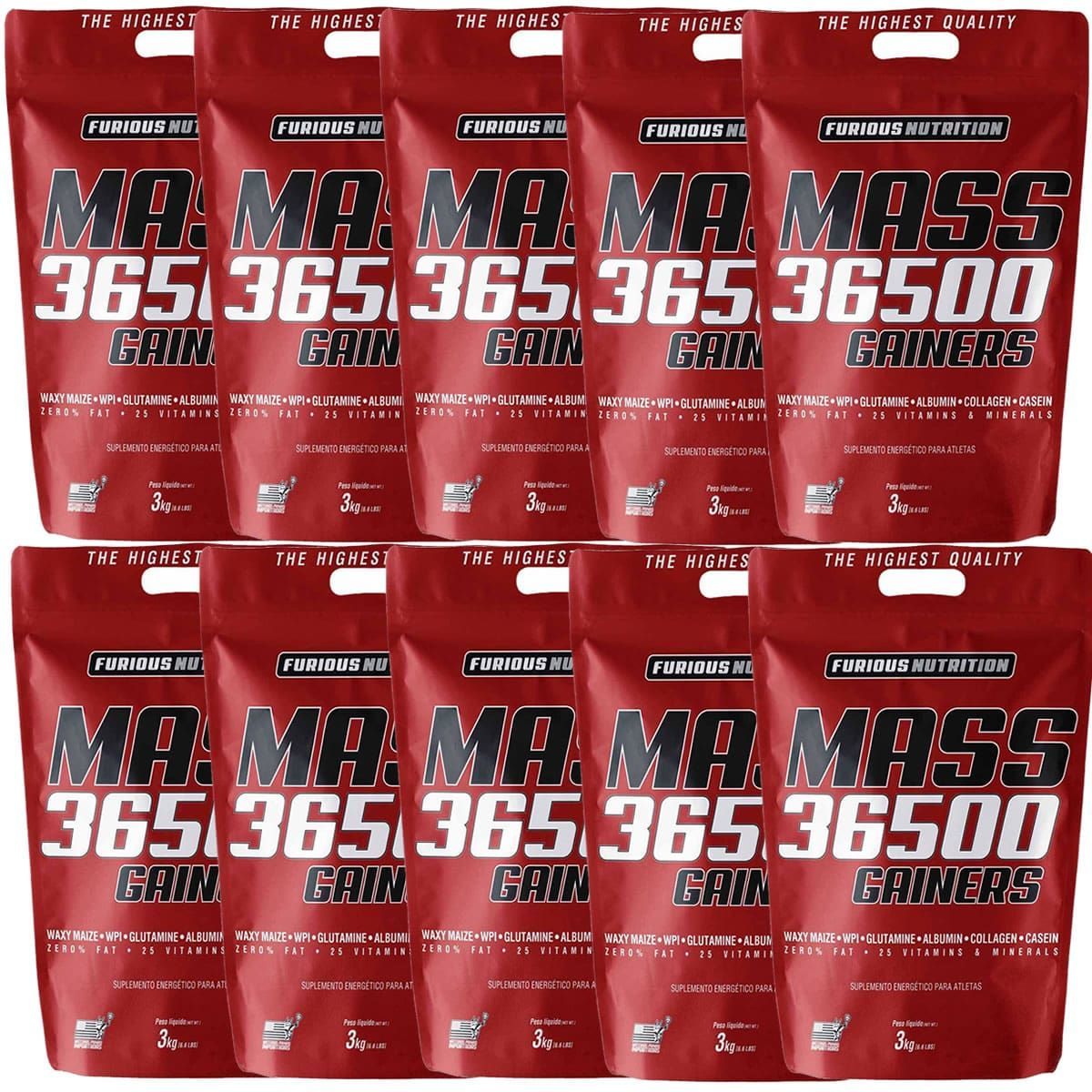 Kit 10X Mass 36500 Gainers - 3000g Chocolate - Furious Nutrition