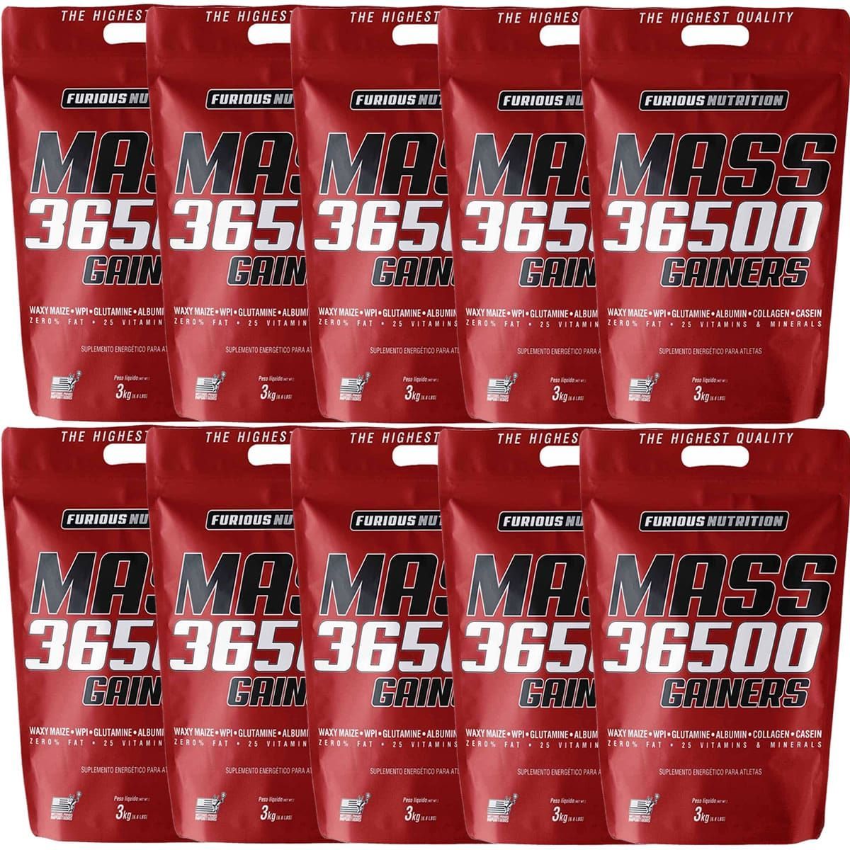 Kit 10X Mass 36500 Gainers - 3000g Morango - Furious Nutrition