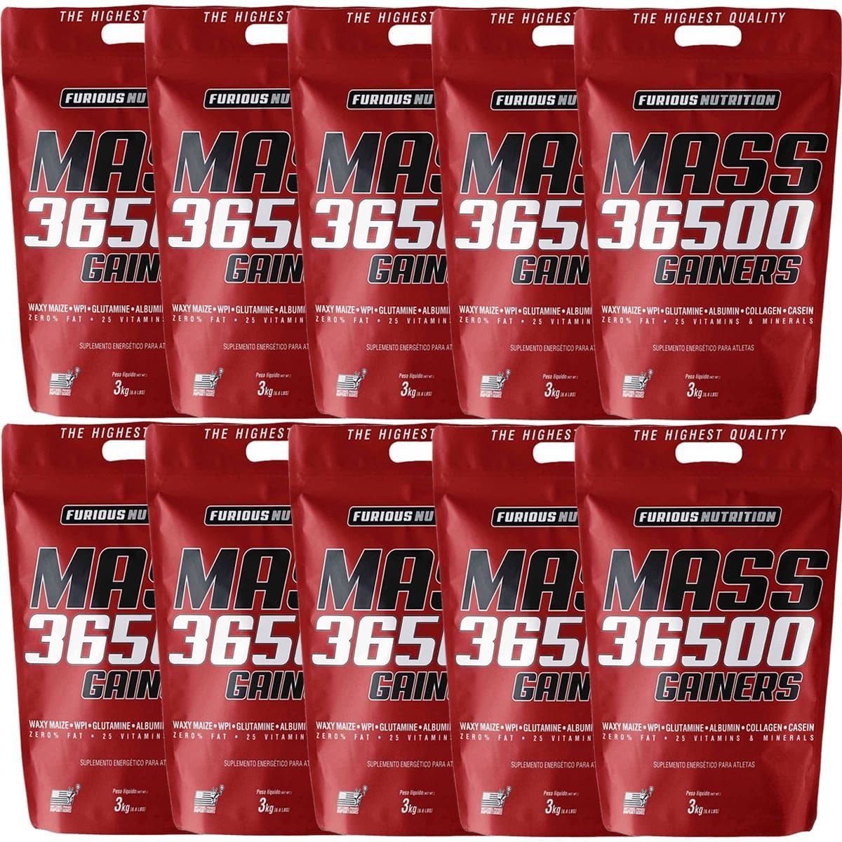 Kit 10X Mass 36500 Gainers - 3000g Sorvete de Baunilha - Furious Nutrition