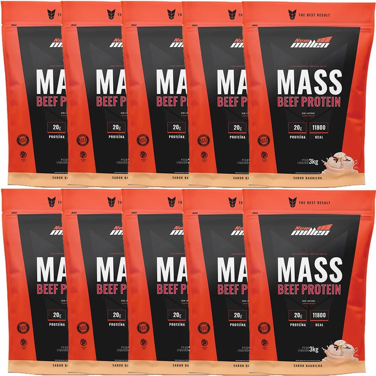 Kit 10X Mass Beef Protein - 3000g Refil Baunilha - New Millen