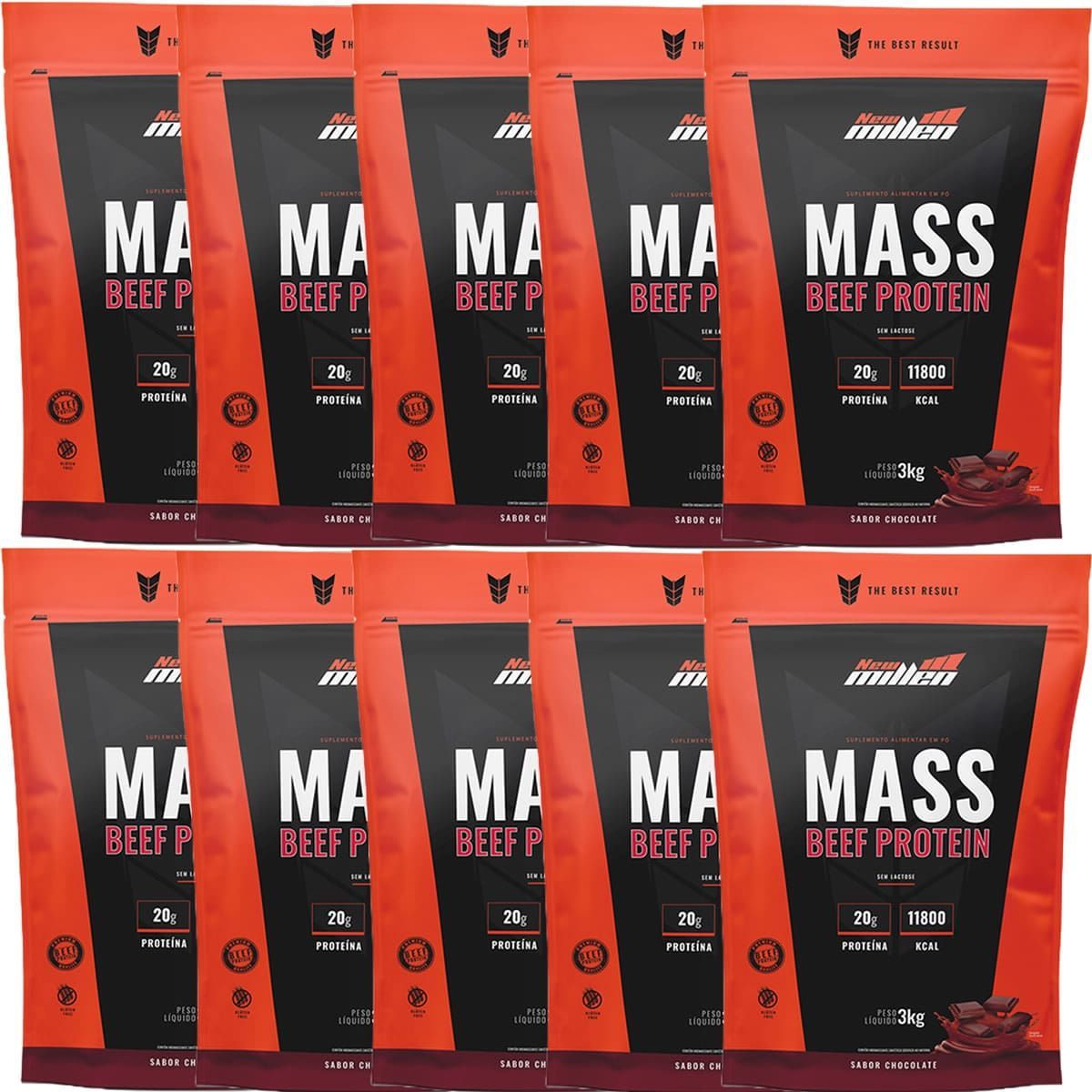 Kit 10X Mass Beef Protein - 3000g Refil Chocolate - New Millen