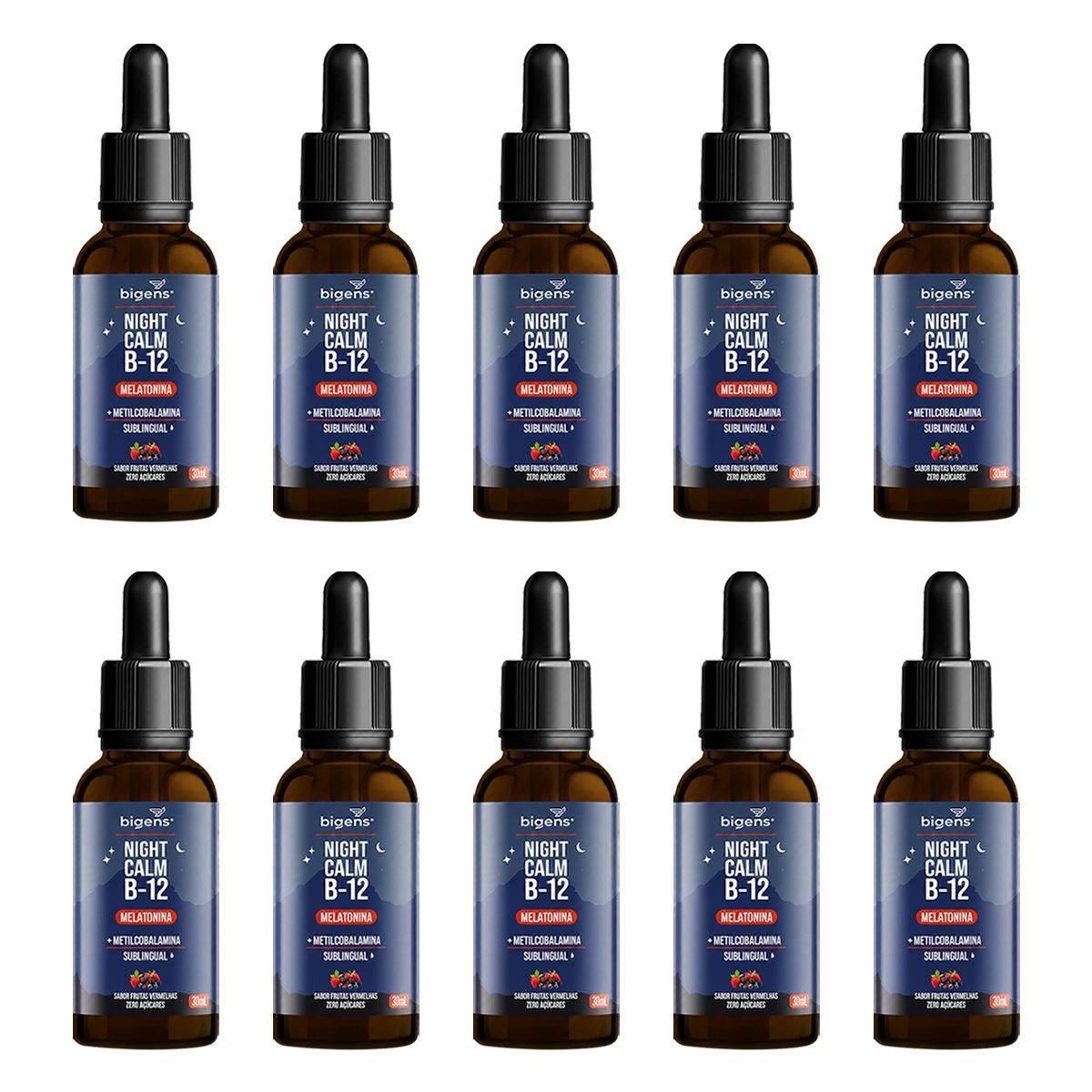 Kit 10X Melatonina Night Calm + B12 - 30ml Frutas Vermelhas - Bigens