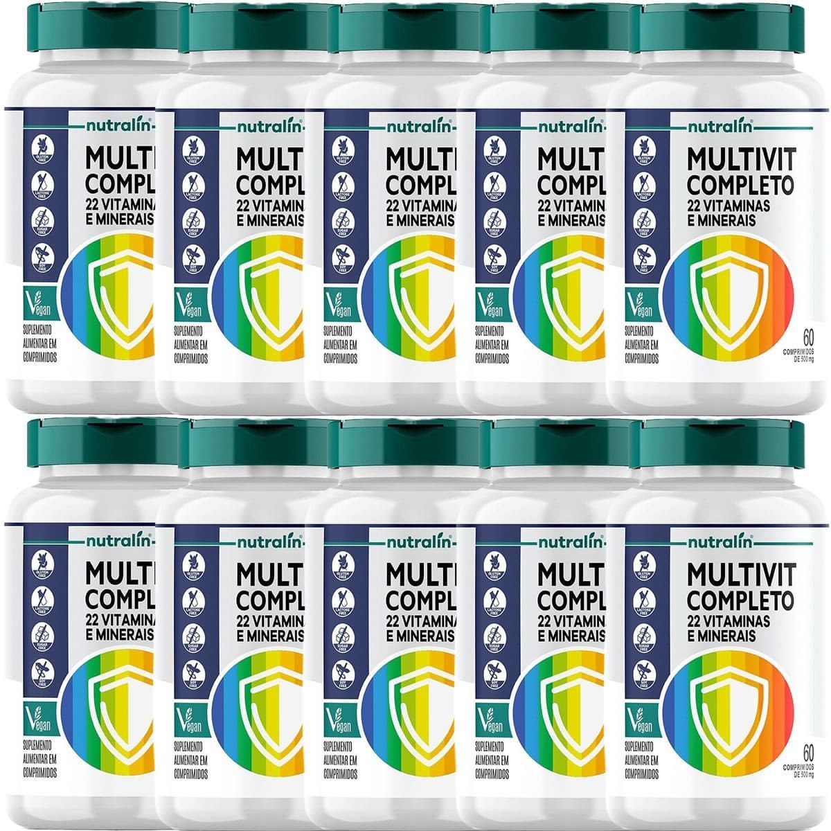 Kit 10X Multivit Completo 22 Vitaminas e Minerais Vegano - 60 Comprimidos - Nutralin