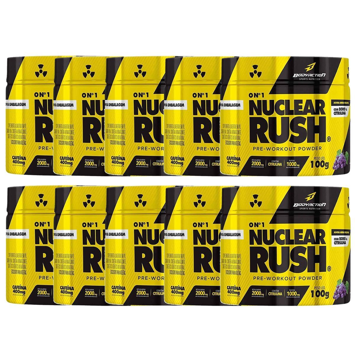 Kit 10X Nuclear Rush Pre Workout Powder - 100g Uva - BodyAction