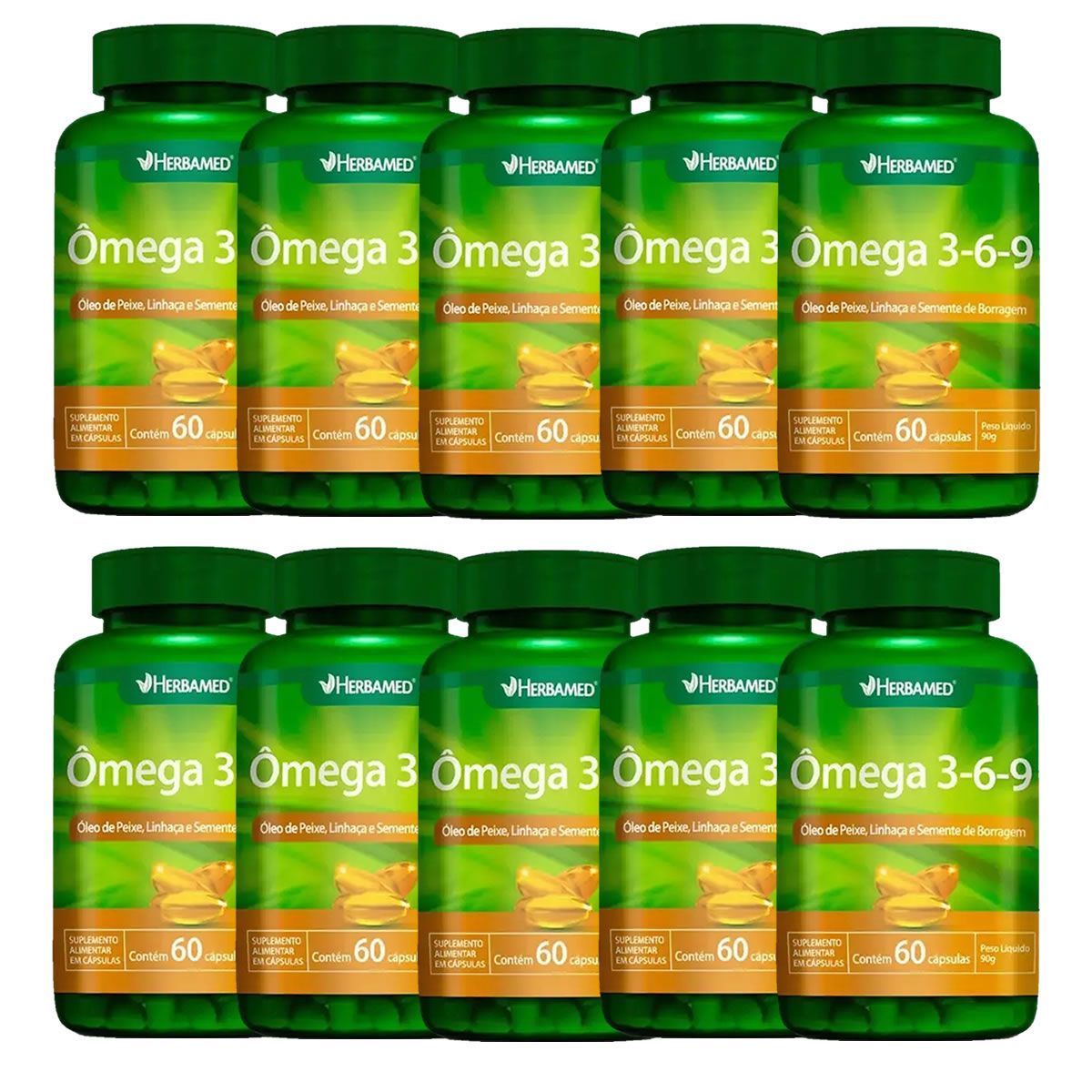Kit 10X �mega 3, 6 e 9 Linha�a, Pr�mula E Borragem + Vitamina E - 60 C�psulas - Herbamed