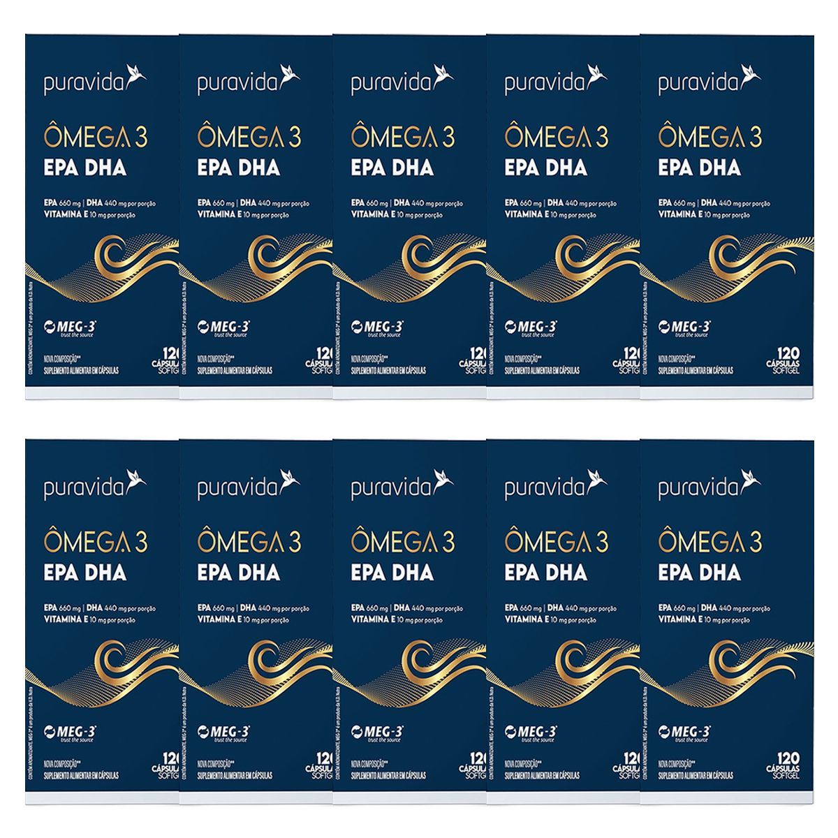 Kit 10X Omega 3 EPA DHA Nova Composi��o - 120 C�psulas - Puravida