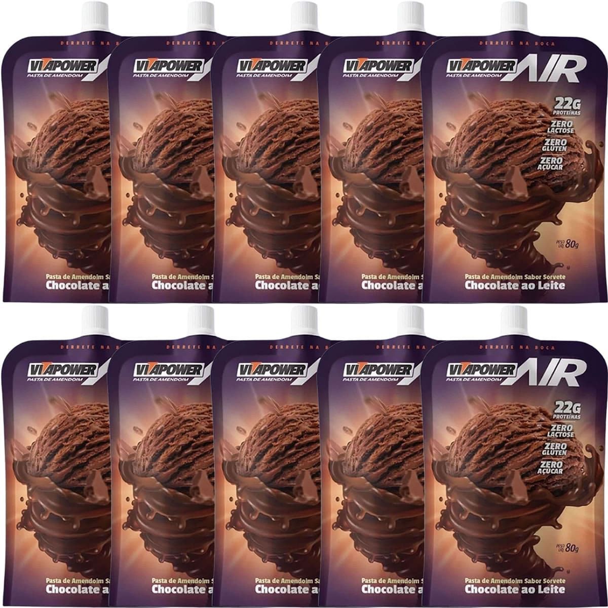 Kit 10X Pasta de Amendoim - 80g Pouch Sorvete Chocolate ao Leite - VitaPower Air