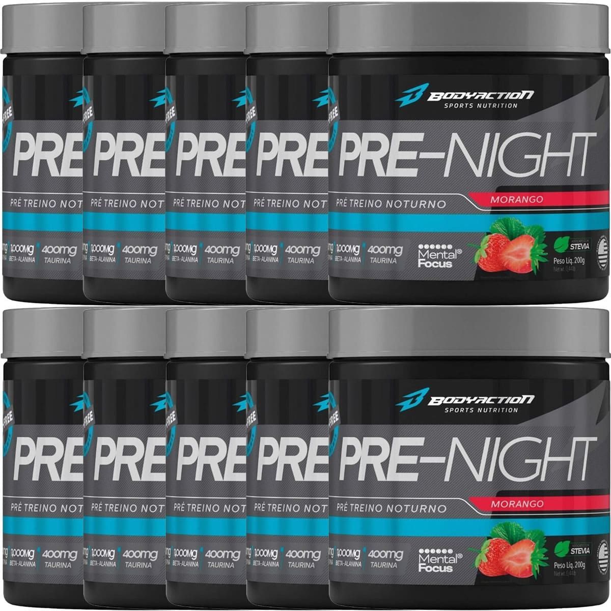 Kit 10X Pre-Night Pr� Treino Noturno - 200g Morango - BodyAction