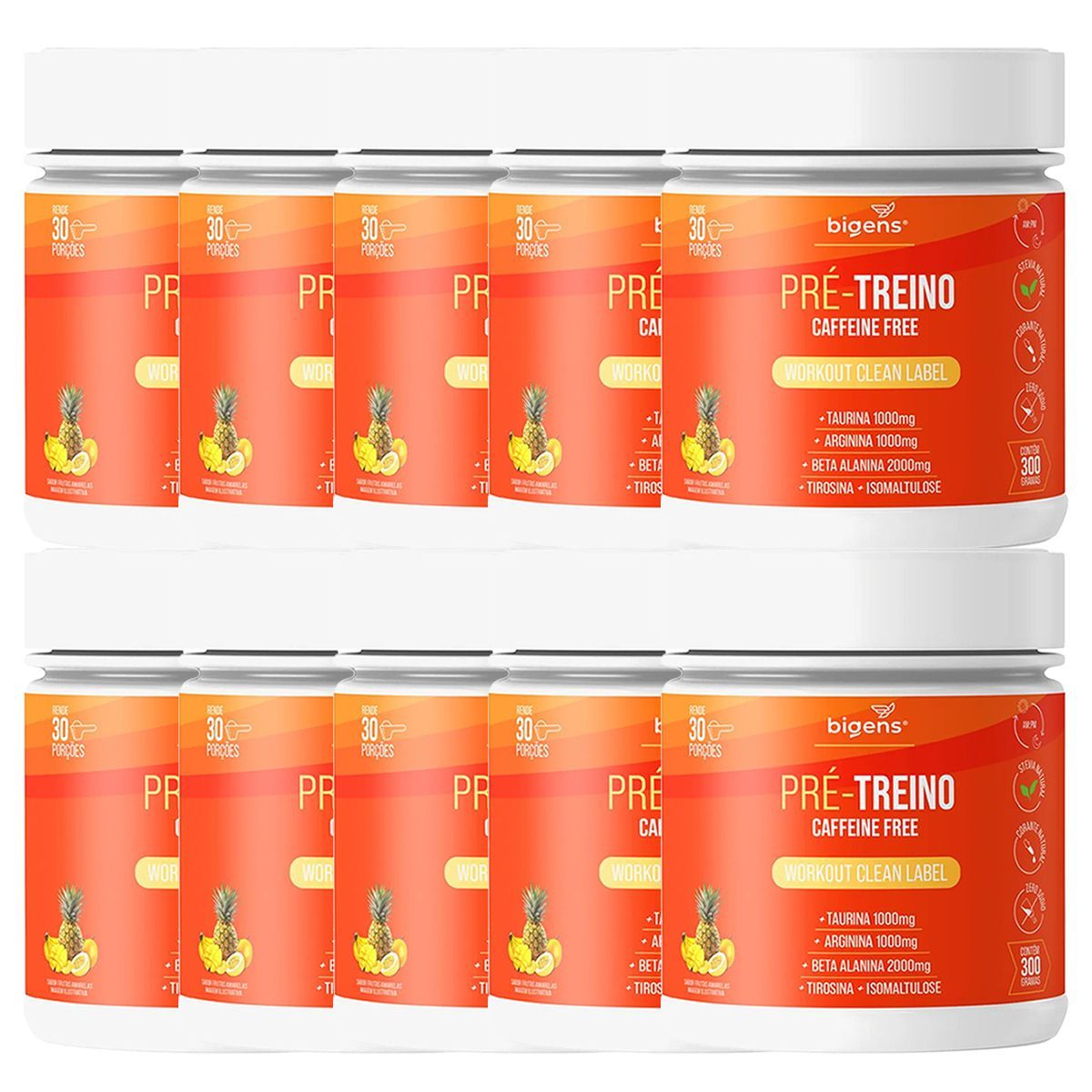 Kit 10X Pr�-Treino Caffeine Free - 300g Frutas Amarelas - Bigens
