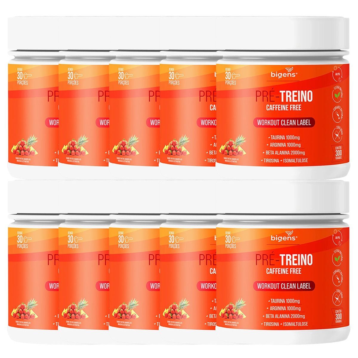 Kit 10X Pr�-Treino Caffeine Free - 300g Morango e Abacaxi - Bigens