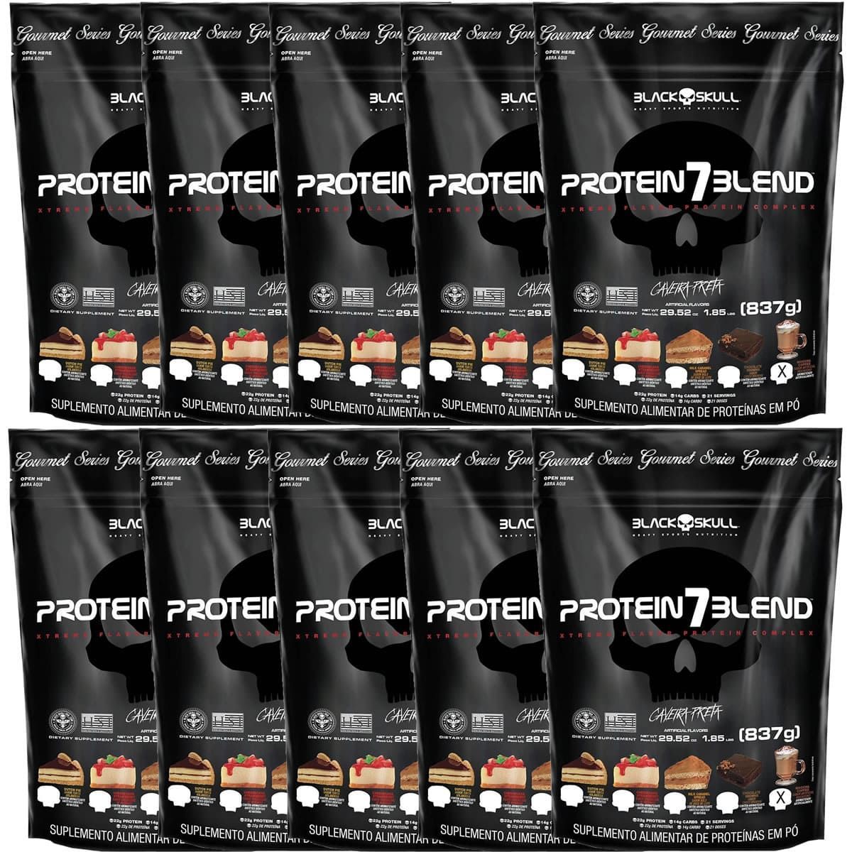 Kit 10X Protein 7Blend Gourmet - 837g Refil Moccha Coffee - Black Skull