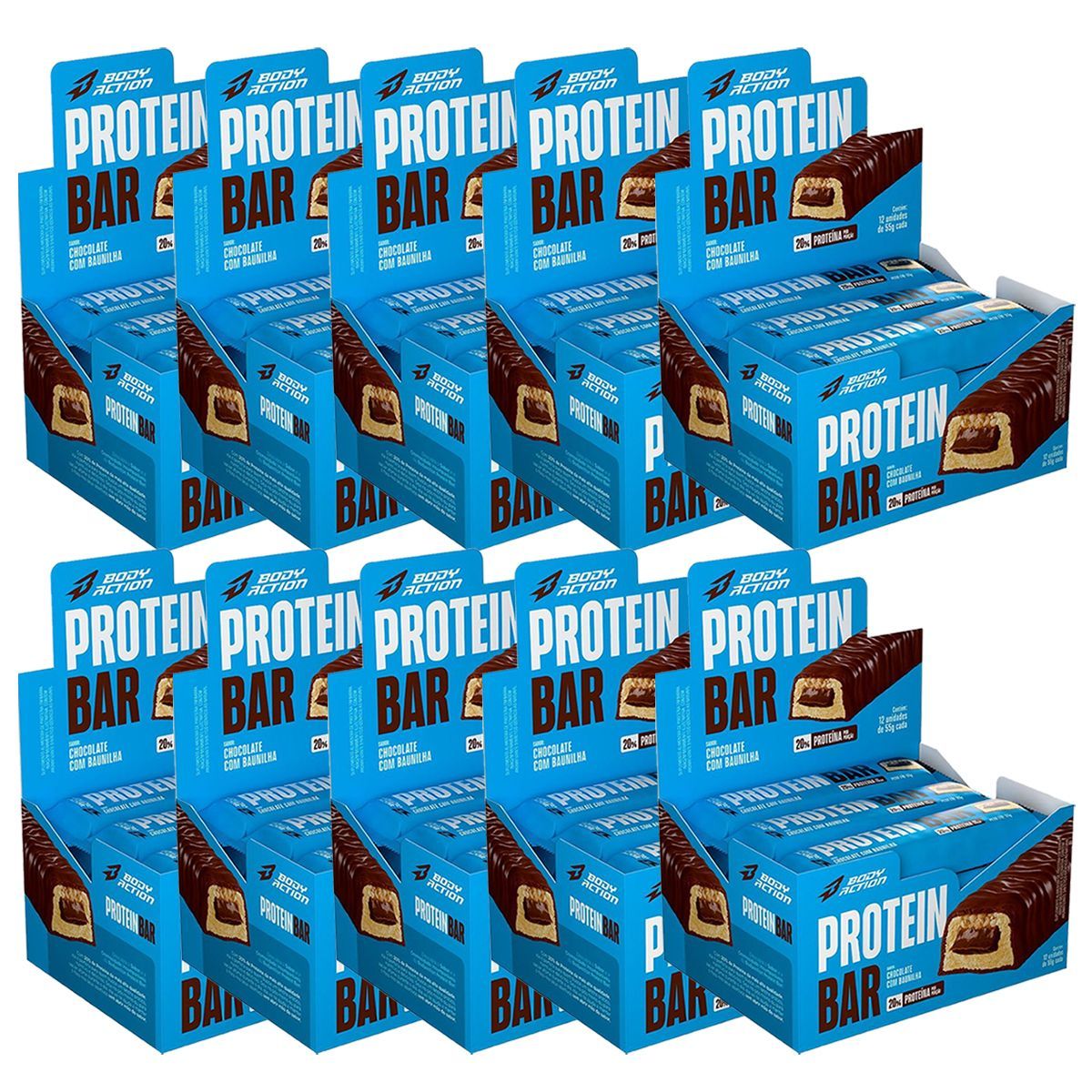 Kit 10X Protein Bar - 12 Unidades de 55g Chocolate Com Baunilha - Bodyaction