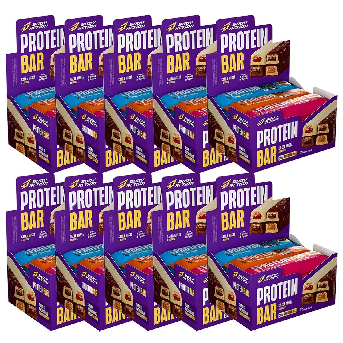 Kit 10X Protein Bar - 12 Unidades de 55g Mista - Bodyaction