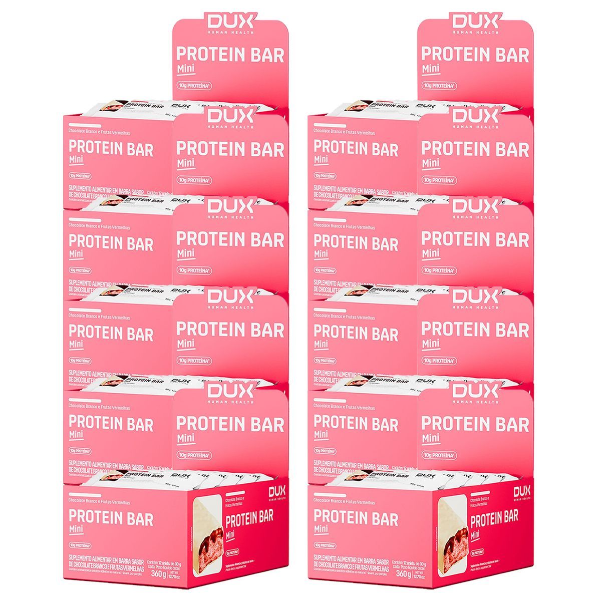 Kit 10X Protein Bar Mini - 12 Unidade 30g Chocolate Branco com Frutas Vermelhas - Dux Human Healt