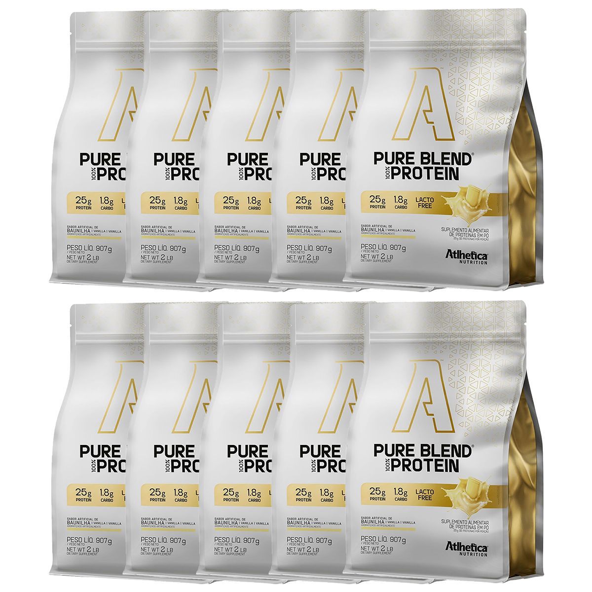 Kit 10X Pure Blend 100% Protein Lacto-free - 907g Refil Baunilha - Atlh�tica Nutrition
