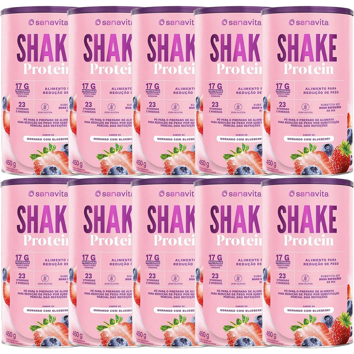 Kit 10X Shake Protein - 450g Morango com Blueberry - Sanavita